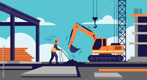 Worker and excavator at a construction site symbolizing building industry and development