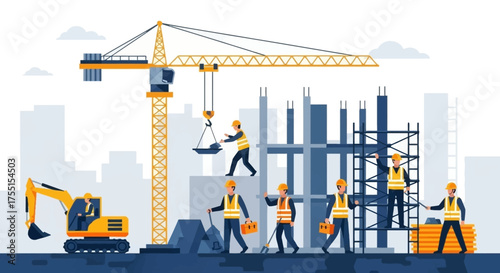 City building construction in progress with workers crane and excavator Urban growth and industry