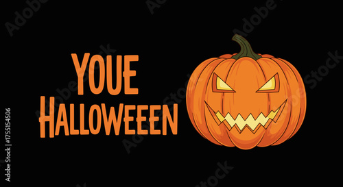 Spooky jackolantern illustration with YOUE HALLOWEEN text on a black background perfect for holiday designs