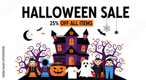 Halloween Sale banner with haunted house spooky trees jackolantern ghost and costumed characters for seasonal promotions