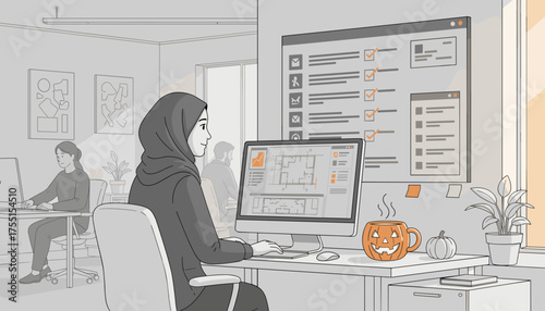 Focused woman in hijab designing architecture on computer in a modern office with autumn decor