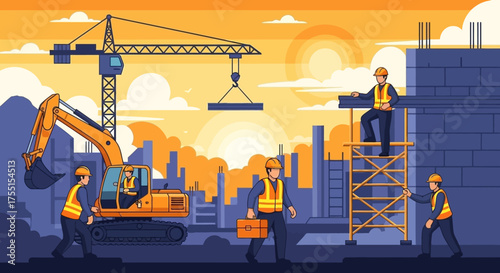 Construction workers building urban infrastructure with crane excavator and scaffolding at sunset