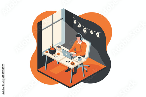 Man working on laptop in a cozy Halloweendecorated home office Remote work seasonal fun