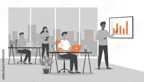 Office team working with festive Halloween decorations Business presentation in a modern workspace