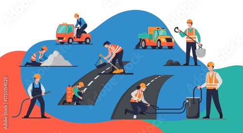 Professional road construction team performs infrastructure building and maintenance with tools and machinery