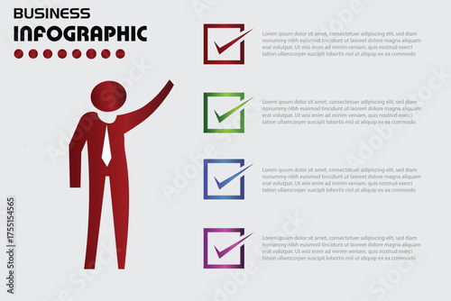 Modern business infographic with checklist design showing workflow and success process. Ideal for corporate presentations, data analysis, and management strategy visuals.
