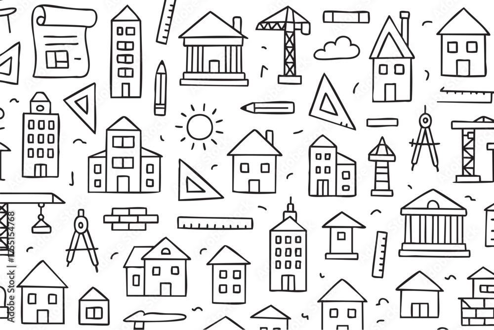 Fototapeta premium Black and white city building doodle pattern with geometric shapes. Vector doodle illustration