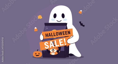 Cute ghost with Halloween Sale banner and petthemed bag Spooky season shopping holiday promotions and pet product discounts