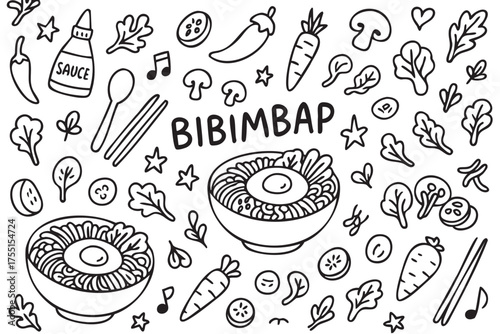 Bibimbap ingredients and utensils black and white doodle pattern. Vector doodle illustration
