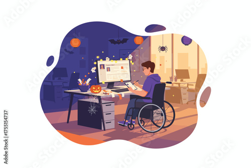Man in wheelchair works happily in a Halloweendecorated office embracing inclusivity and holiday spirit