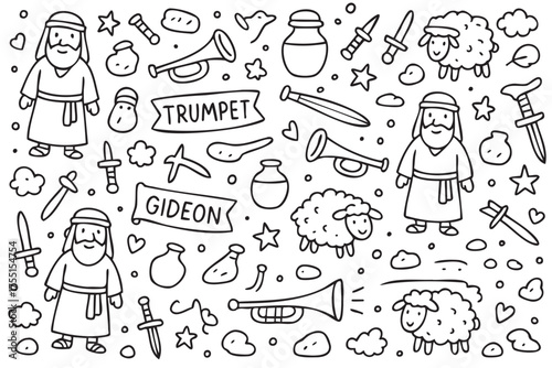 Biblical themed black and white doodle with gideon, trumpets, sheep, and swords. Vector doodle illustration