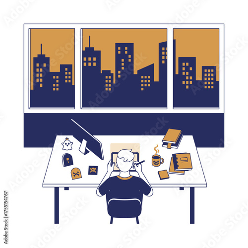 Illustrator working on digital art at night city view Desk with Halloween decor