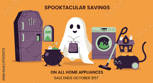 Spooktacular Halloween appliance sale with friendly ghost tombstone fridge washing machine vacuum and cat toaster
