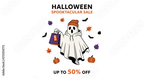 Cute ghost with shopping bag advertises a Spooktacular Halloween Sale with autumn decor ideal for retail discounts