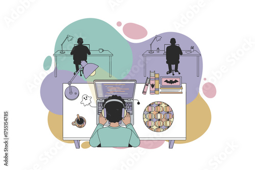 Developer coding with headphones at a desk surrounded by a remote team and Halloween accents