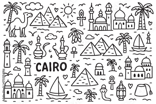 Cairo doodle: pyramids, camels, mosques, sailing boats, and egyptian symbols. Vector doodle illustration