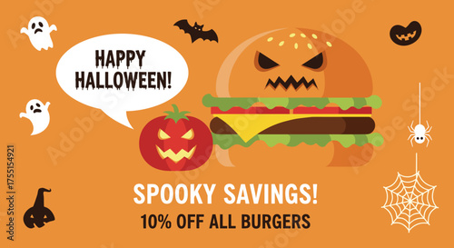 Spooky Halloween burger promotion with jackolanterns ghosts and Spooky Savings text Ideal for food sales and holiday deals