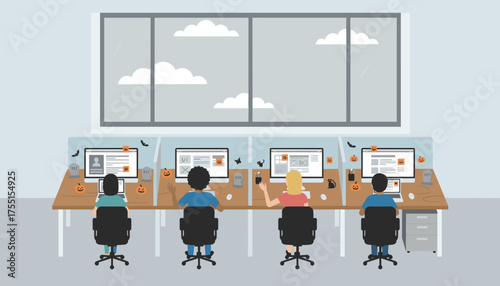 Diverse team works in a festive Halloweendecorated office on a rainy day Business design tech