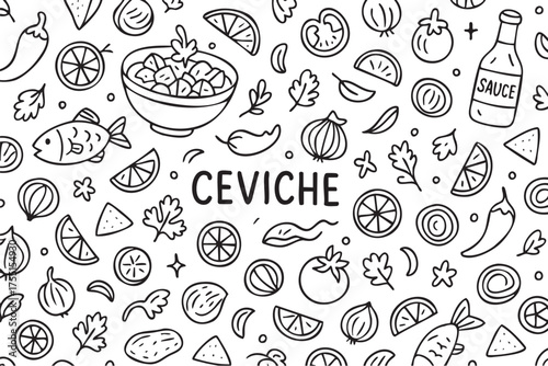 Ceviche ingredients pattern: fish, lime, tomato, onion, chili, spices, cilantro, sauce. Vector doodle illustration
