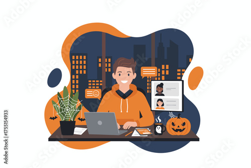 Smiling man works remotely on laptop with Halloween decor connecting online Festive digital communication