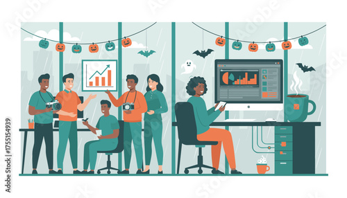 Creative team collaborating in a festive Halloweendecorated office Business teamwork celebration