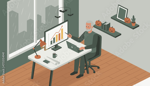 Mature man works on laptop and analyzes data from home office during a rainy Halloween season