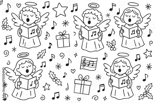 Christmas angels singing carols with gifts and music notes pattern. Vector doodle illustration