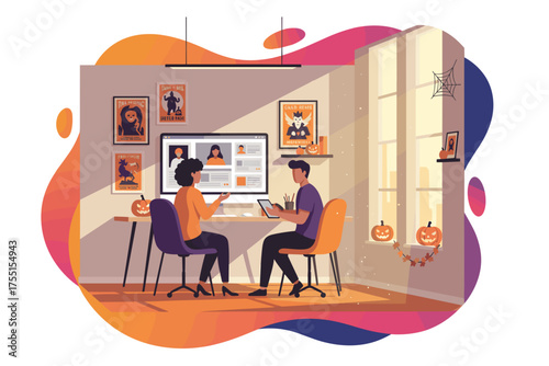 Diverse team collaborating remotely in a Halloweendecorated office blending work and festive spirit
