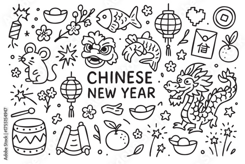 Wallpaper Mural Chinese new year celebration doodle with dragon, lanterns, and traditional symbols. Vector doodle illustration Torontodigital.ca