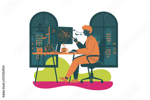 Programmer working late on a complex project with Halloween decorations in a city apartment at night