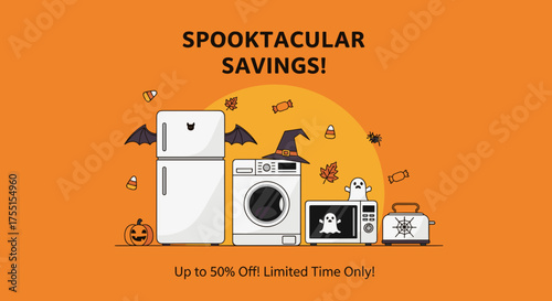Spooktacular Halloween sale on home appliances with festive decorations and sweet treats Ideal for seasonal promotions  discounts