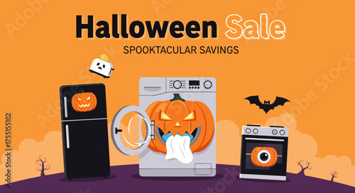 Spooktacular Halloween Sale banner with home appliances featuring festive pumpkins and ghostly elements perfect for holiday promotions