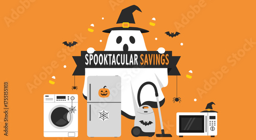 Halloween ghost offers Spooktacular Savings on household appliances washing machine refrigerator vacuum cleaner microwave