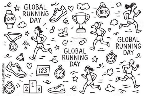 Global running day celebrations: runners, shoes, watches, and medals illustration. Vector doodle illustration