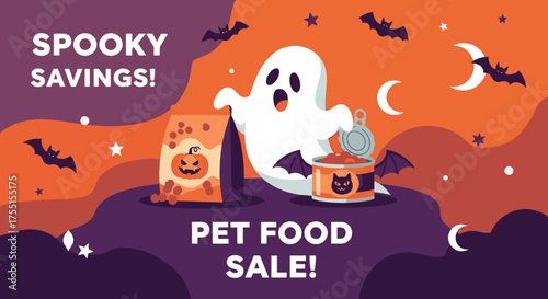 Spooky Halloween pet food sale with a friendly ghost bats and pumpkins Great for promotions and savings