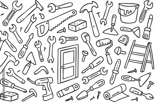 Hand tools illustration: hammer, wrench, screwdriver, ladder, saw, drill, door, bucket, roller. Vector doodle illustration