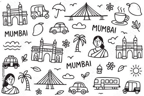 Mumbai icons: gateway, bridge, taxi, train, and cultural symbols in black and white doodle art. Vector doodle illustration