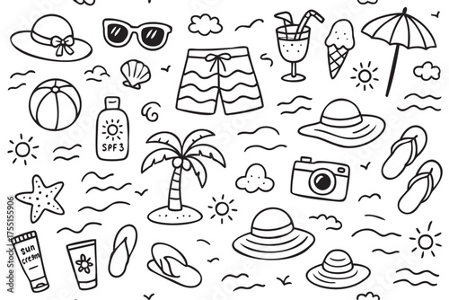 Summer beach doodles: vacation symbols including palm trees, sun hats, and ice cream. Vector doodle illustration