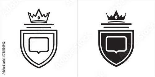 Vector art of dual icon set outline and filled silhouette of a heraldic shield with a crown