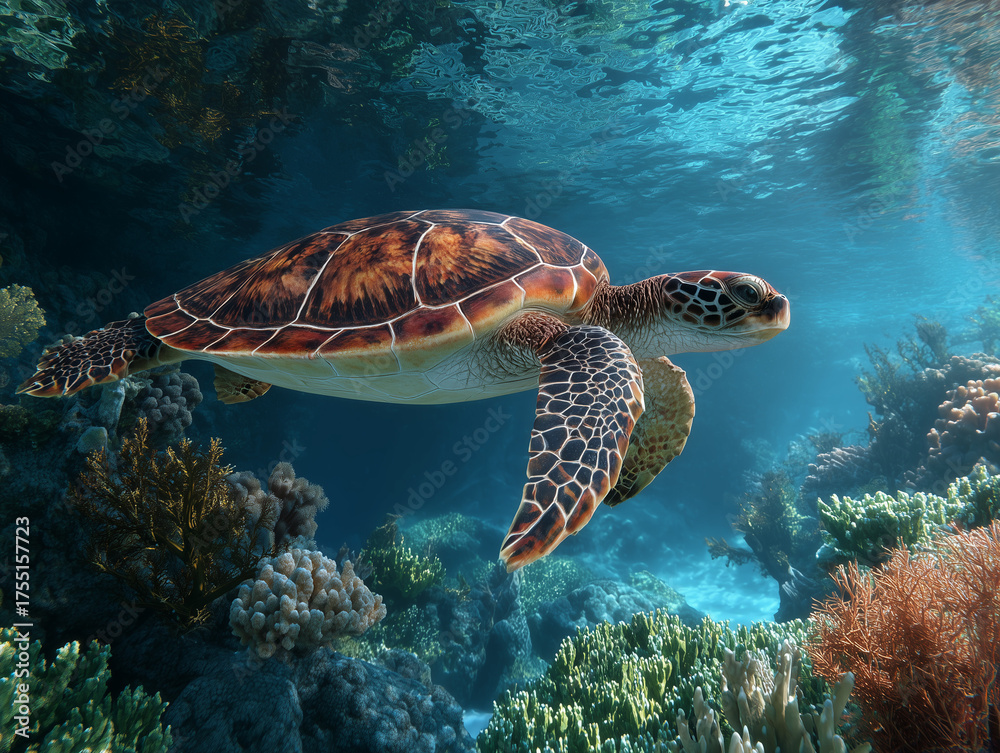 Fototapeta premium Sea turtle swimming peacefully over vibrant coral reef
