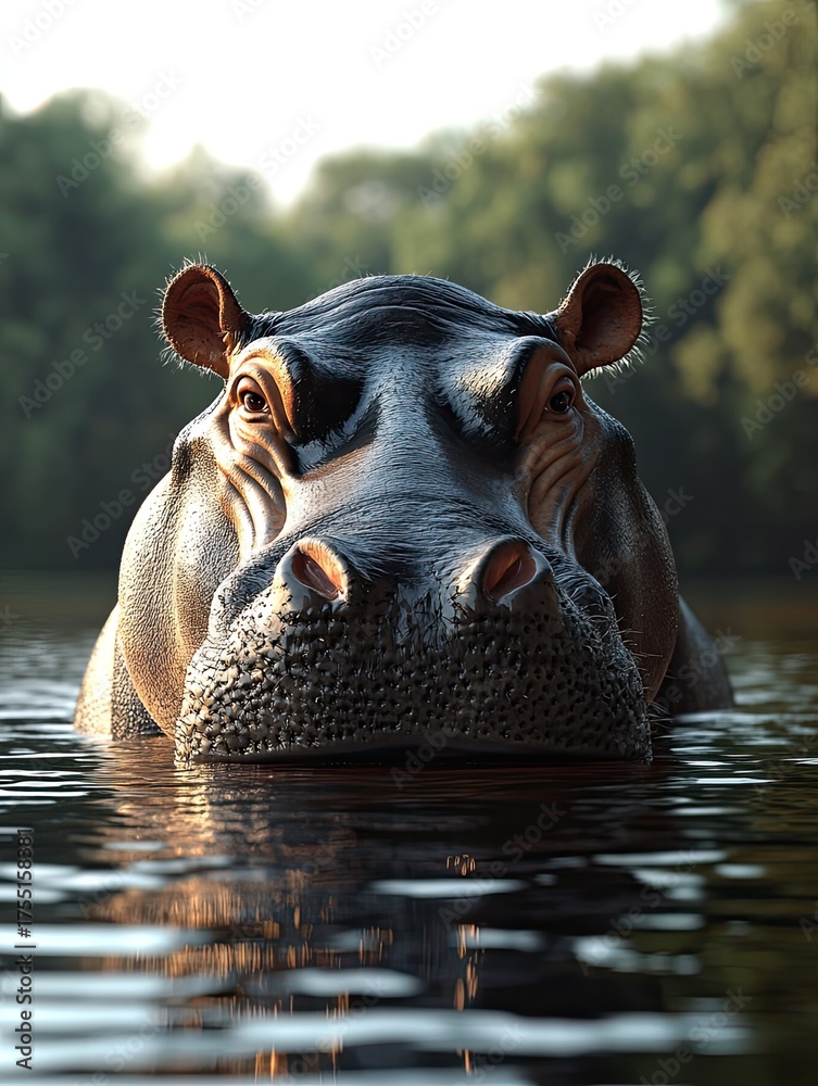 Fototapeta premium A close-up shot of a majestic hippopotamus, its massive head emerges from the serene water, creating a sense of peace and tranquility.