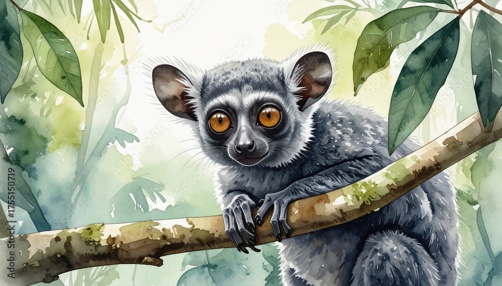 Obraz premium A gray lemur with golden eyes perched on a jungle branch symbolizing awareness, evolution, and fragile balance of biodiversity in the lush forests of Madagascar