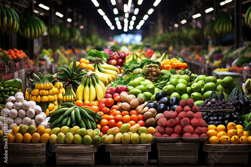 Fruit market, abundance of fresh vegetables and exotic fruits, early morning