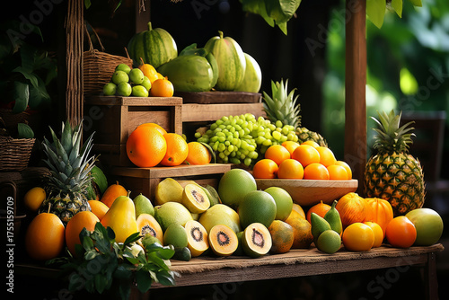 Exotic fruits variety at market, fruit stall invites to sample new flavors