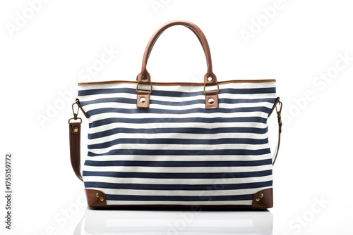 Striped navy and white beach tote bag with nautical themes on white background, empty space