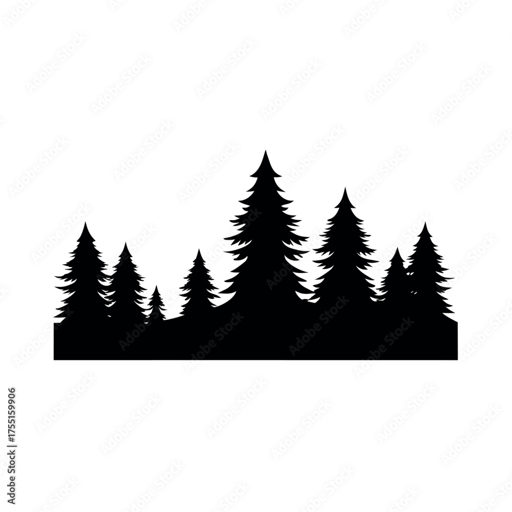 Obraz premium Pine forest silhouette, black vector landscape on white background