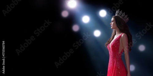 Stunning portrait of a beauty queen wearing a large sparkling crown against a dark, abstract bokeh background with copy space.