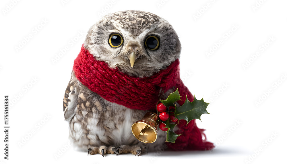 Obraz premium holiday owl, round eyes, wearing red scarf, holding golden bell, holly berry accents, isolated center on solid white background, high detail, professional product photo style