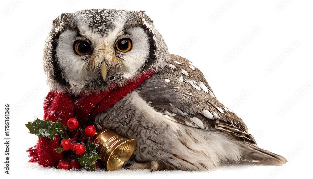 Obraz premium holiday owl, round eyes, wearing red scarf, holding golden bell, holly berry accents, isolated center on solid white background, high detail, professional product photo style