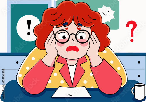 Overwhelmed Businesswoman in Bright Office Illustration